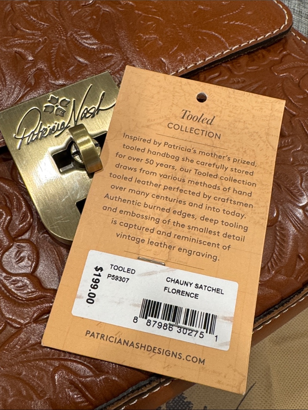 Patricia Nash Chauny Tooled Floral Embossed Brown Leather Satchel - Picture 12 of 17